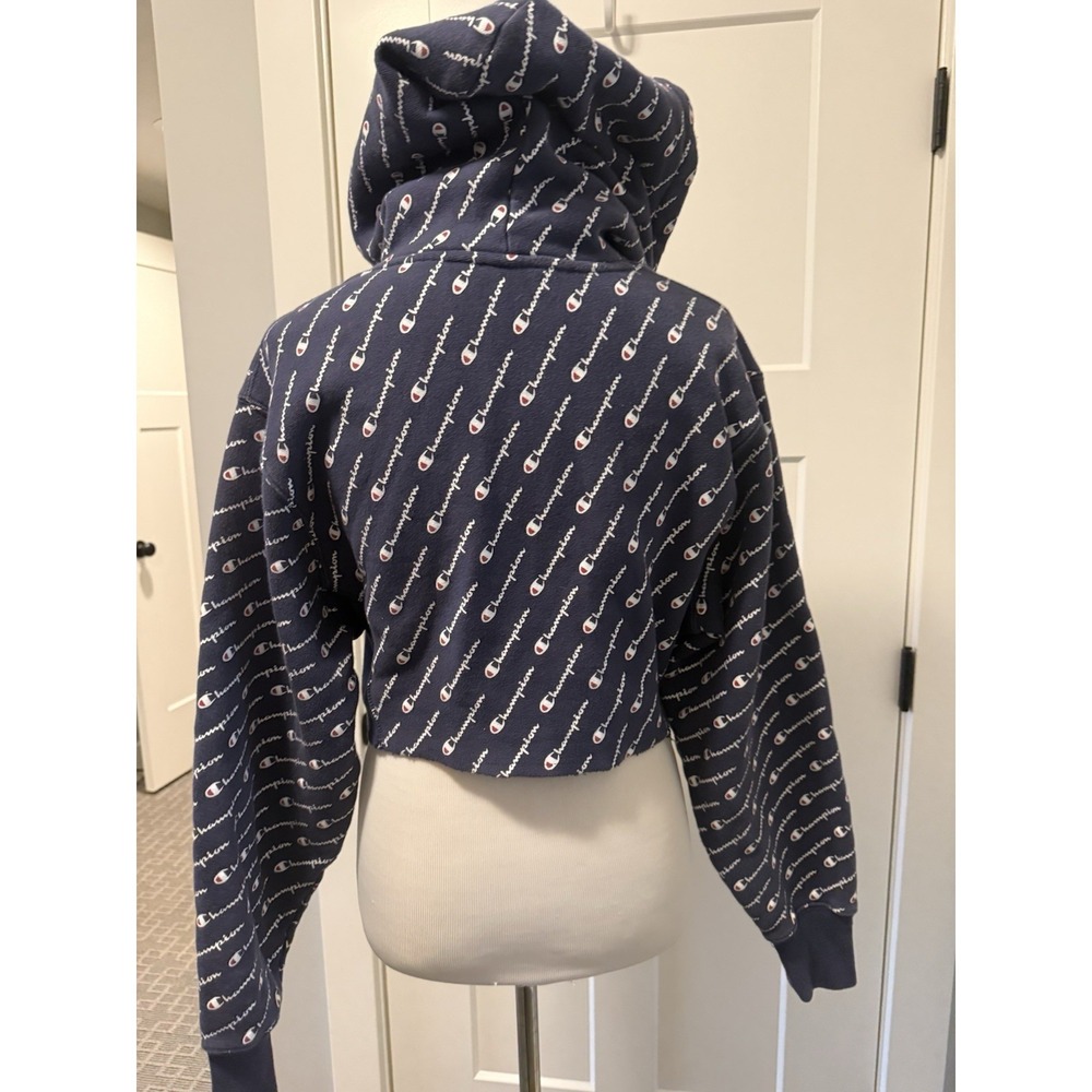 Champion Women Cropped All Over Print Logo Hoodie Reverse Weave Blue Size Small - Picture 7 of 8